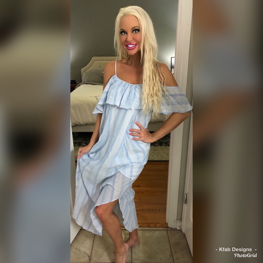 LAST! Stunning and Comfy Lined Baby Blue/White Striped Dress - Picture 3 of 6